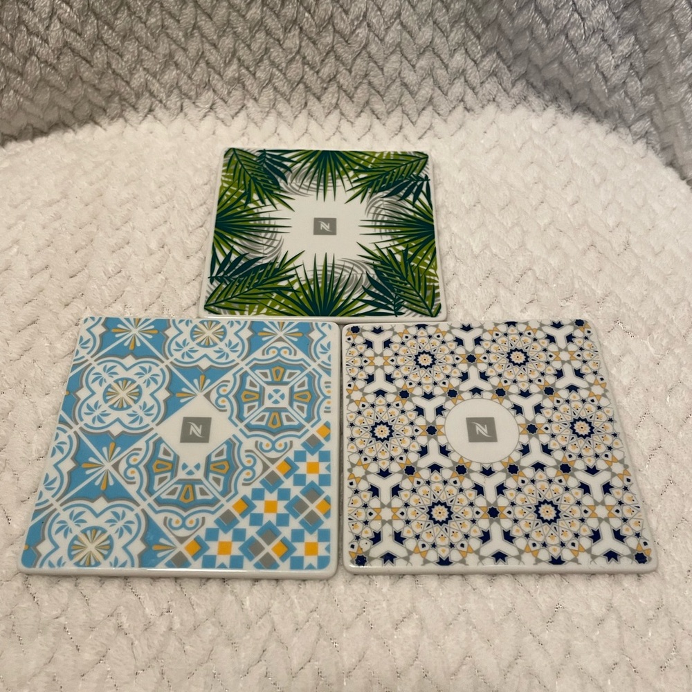 NESPRESSO PORCELAIN TILE COASTERS PORTUGAL. Set Of 3.